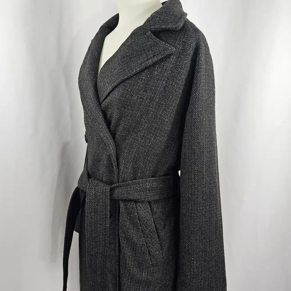 The Drop Jessy Grey Herringbone Double Breasted Long Overcoat Women's Size L NWT - Picture 6 of 16